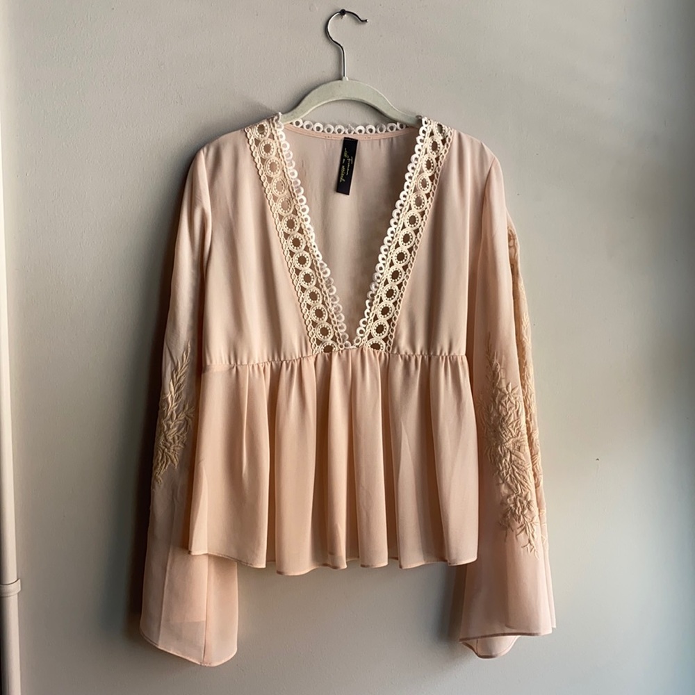 Boutique Peach Eyelet Lace Sheer Babydoll Blouse